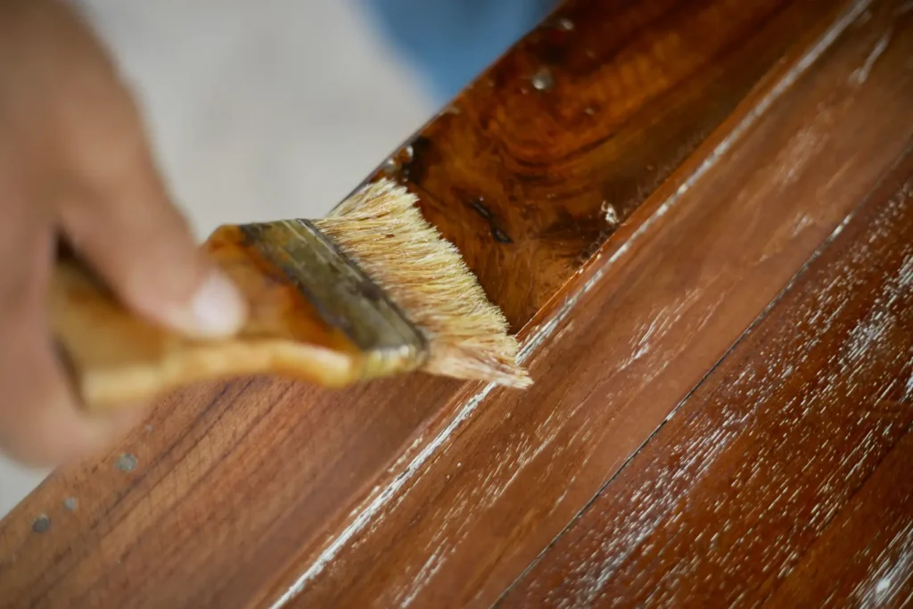 A person cleaning a wooden table with a brush, focusing on removing dust and debris from the surface.